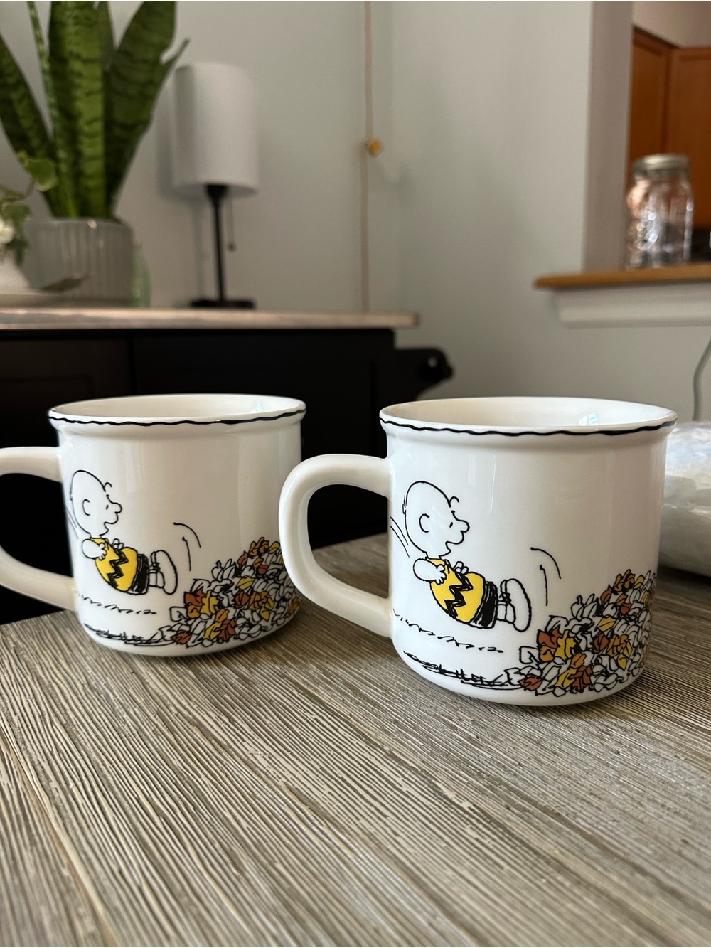 Two Pottery Barn Charlie Brown Leaf Ceramic Mug - White and Yellow